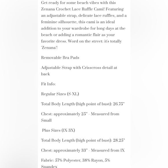 NWOT Women’s Plus Size ZENANA OUTFITTERS Lace Coral Tiered Crochet Cami - Picture 10 of 10